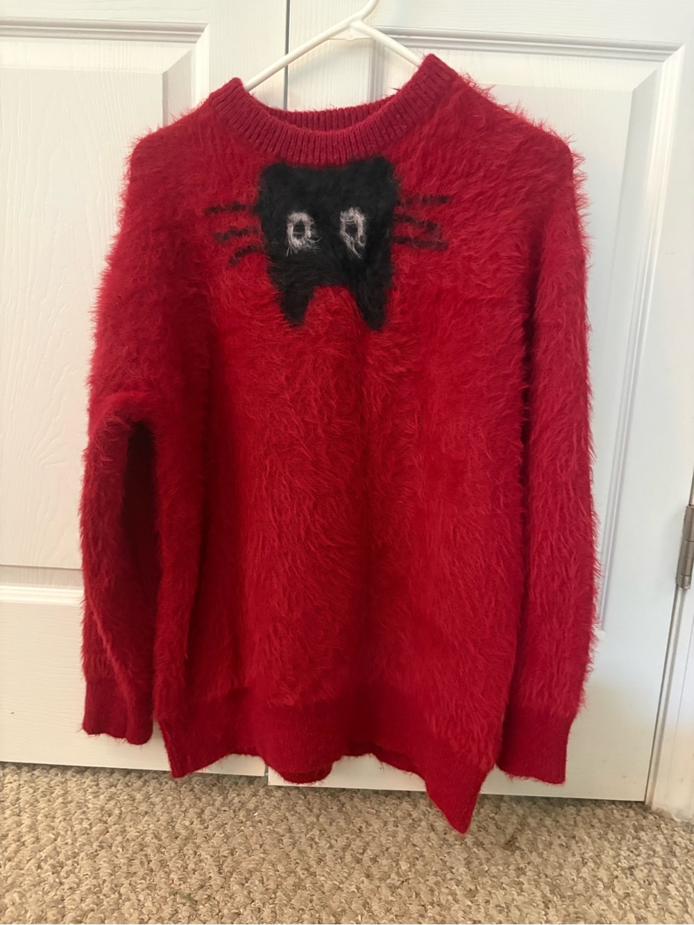 Aelfric Eden Red Fuzzy Sweater with Black Cat Motif